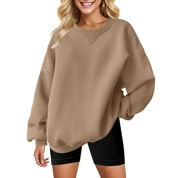 Brown Womens Tops Women'S Solid Color Round Neck Oversized Sweatshirt Loose Fit Long Sleeve Light Sweatshirt Loose Blouse Fall Outfits for Women 2025