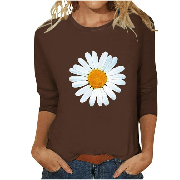 Brown Womens Tops Women's Round Neck Printed Seven Sleeve Casual T Shirt Top Going Out Tops for Women