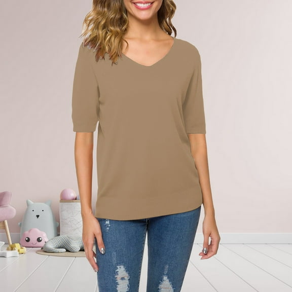 Brown Womens Tops Women's Short Sleeves Sweaters V Neck Soft Pullover Top Shirts for Women