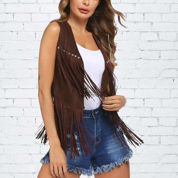 Brown Womens Tops Women's Summer Suede Tassel Buttonless Mid Length Vest Cardigan Top Shirts for Women
