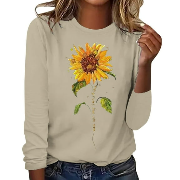 Brown Womens Tops Women's Sunflower Graphic T Shirt Long Sleeve Crewneck Pullover Tops Cute Casual Cotton Tee Tops Loose Blouses Shirts for Women