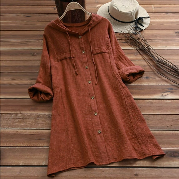 Brown Womens Tops Womens Casual Button Plus Size Cotton Tops Tee Shirt Hooded Pocket Loose Blouse Shirts for Women