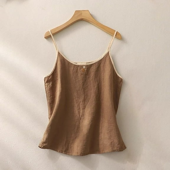 Brown T Shirts for Womens Cotton Linen Camisole Tank Tops Causal O Neck Sleeveless Top Summer Loose Fit Spaghetti Strap Shirts Tees Fashion Clothing