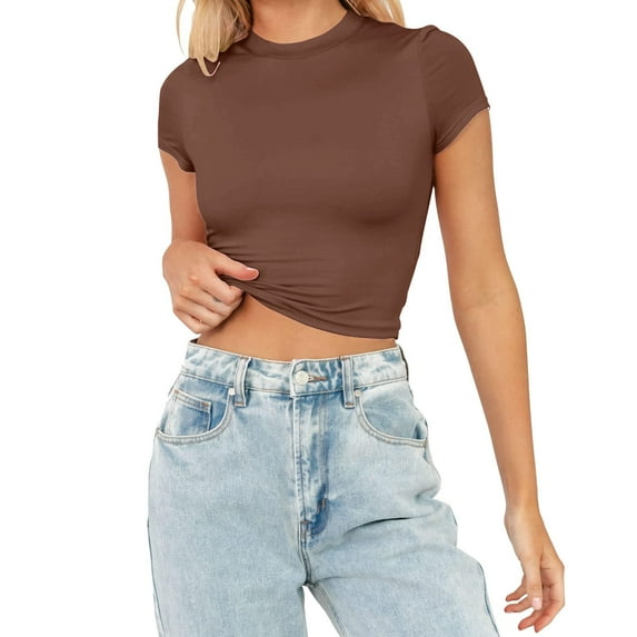 Brown Womens Tops Womens Fashion Summer Short Sleeve Cute Crop Tops Casual Basic Crewneck Slim Fit T Shirts Shirts for Women