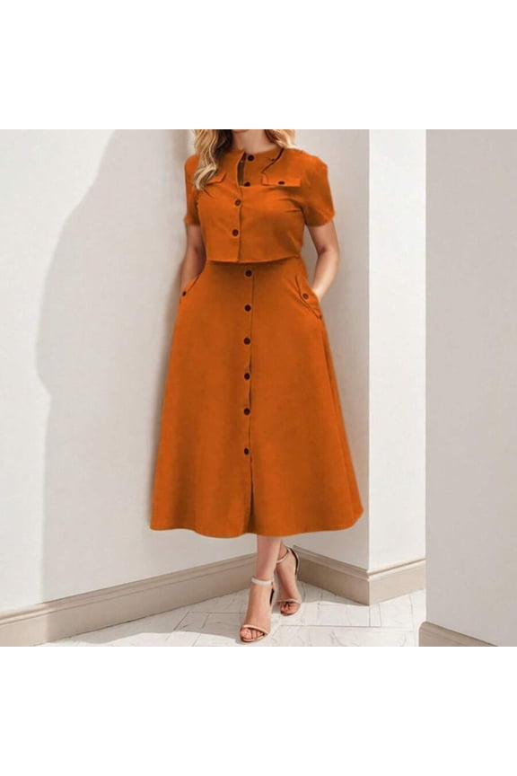 Brown Womens Two-Piece Set: Button-Front Crop Top And A-Line Midi Skirt