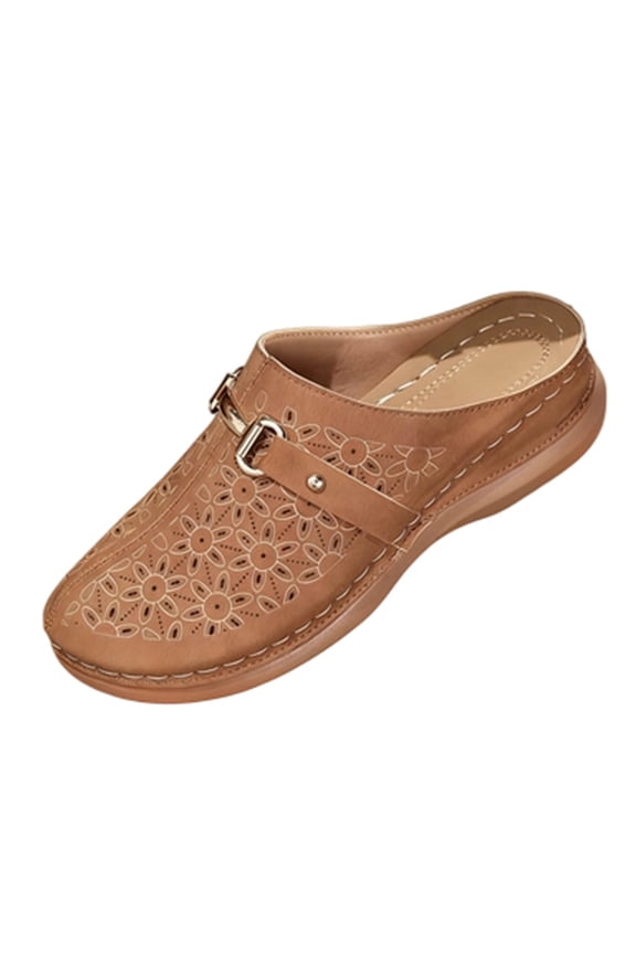 Brown Womens Wedge Mules Casual Perforated Upper Slide On Shoes With Adjustable Buckle for Outdoor Indoor Wear Comfortable Flock Material 7.5