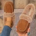 thumbnail image 1 of Brown Womens Winter Cotton Shoes Moccasin Style Solid Color Round Toe Fleece Lined Slip On Frayed Collar Warm Soft Lightweight Casual Footwear Size 38, 1 of 3