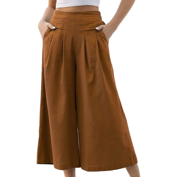 Brown Womens Work Pants Business Casual, Wide Leg Pants for Women, Weekend Polyester Capris for Women Casual Summer, Women's Cotton Elastic Waist Wide Leg Capris Pocket Casual Pants Loose