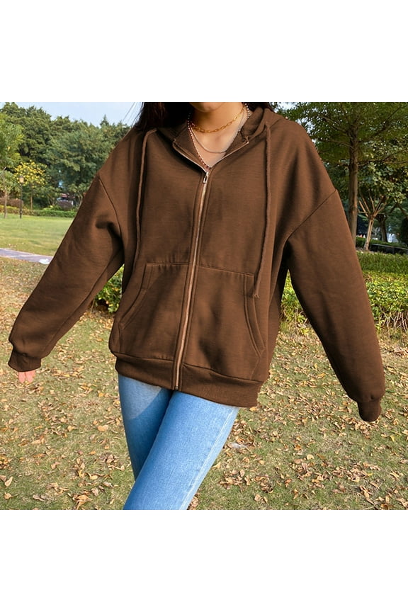 Brown Womens Zip Up Sweartshirts Street Long Sleeve Hooded Zipper Solid Color Casual Sweatshirt Oversize Sweartshirts for Women Trendy