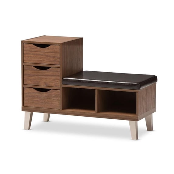 Brown Wood 3-Drawer Shoe Storage Leather- Pad Seating Bench with Two Open Shelves