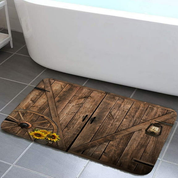 Brown Wood Bath Mat,Farmhouse Non-Slip Doormat Bath Mat,Rustic Barn Door Kitchen Rugs Shower Bathtub Doormats,Western Cowboy Bathroom Rugs 17X29in
