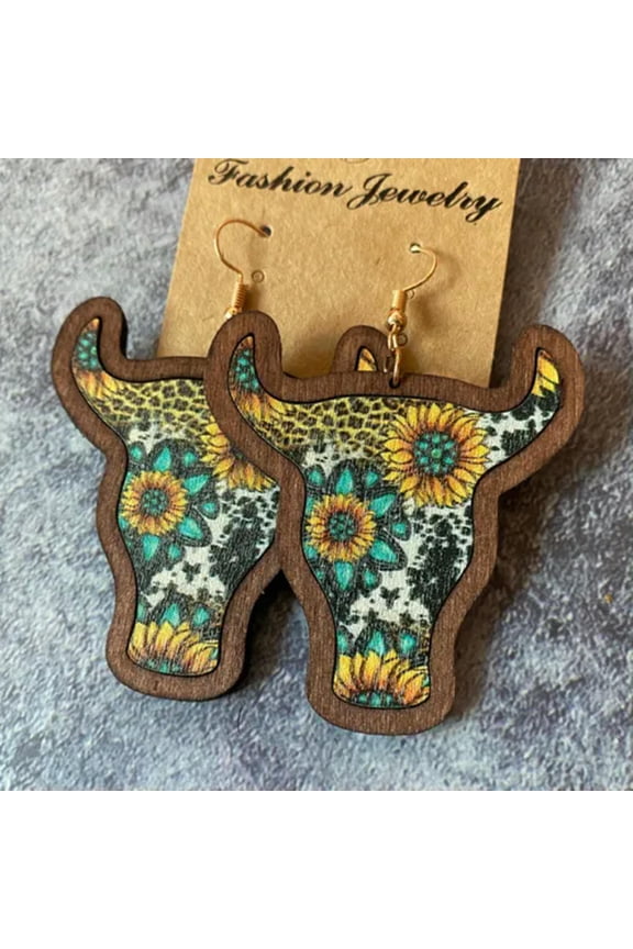 Brown Wood Bezel Cow Head Sunflower Aztec Tribe Leather Women Western Earrings