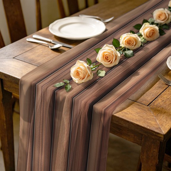 Brown Wood Board 4.5 ft Cheesecloth Table Runner for Wedding 19"x55", Farmhouses Vintage Barn Theme Plank Texture Kitchen Dinner Sheer Tulle Chiffon Dresser Scarf, Holiday Party Decorations