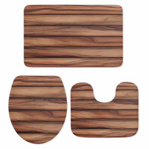 Brown Wood Board Bathroom Rugs Set Farmhouses Vintage Barn Theme Plank Texture Non Slip Absorbent Soft Bath Mats 3 Piece Set with Bathroom Rug, U-Shaped Floor Mat, Toilet Seat Cover Small Size