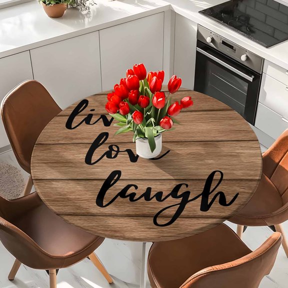 Brown Wood Board Flower Texture Round Fitted Tablecloth with Elastic Edge,Waterproof Table Cloth Fits Tables Up to 36"-44",Wipeable Table Cover for Indoor Outdoor Dinning Party,Rustic Wooden Text
