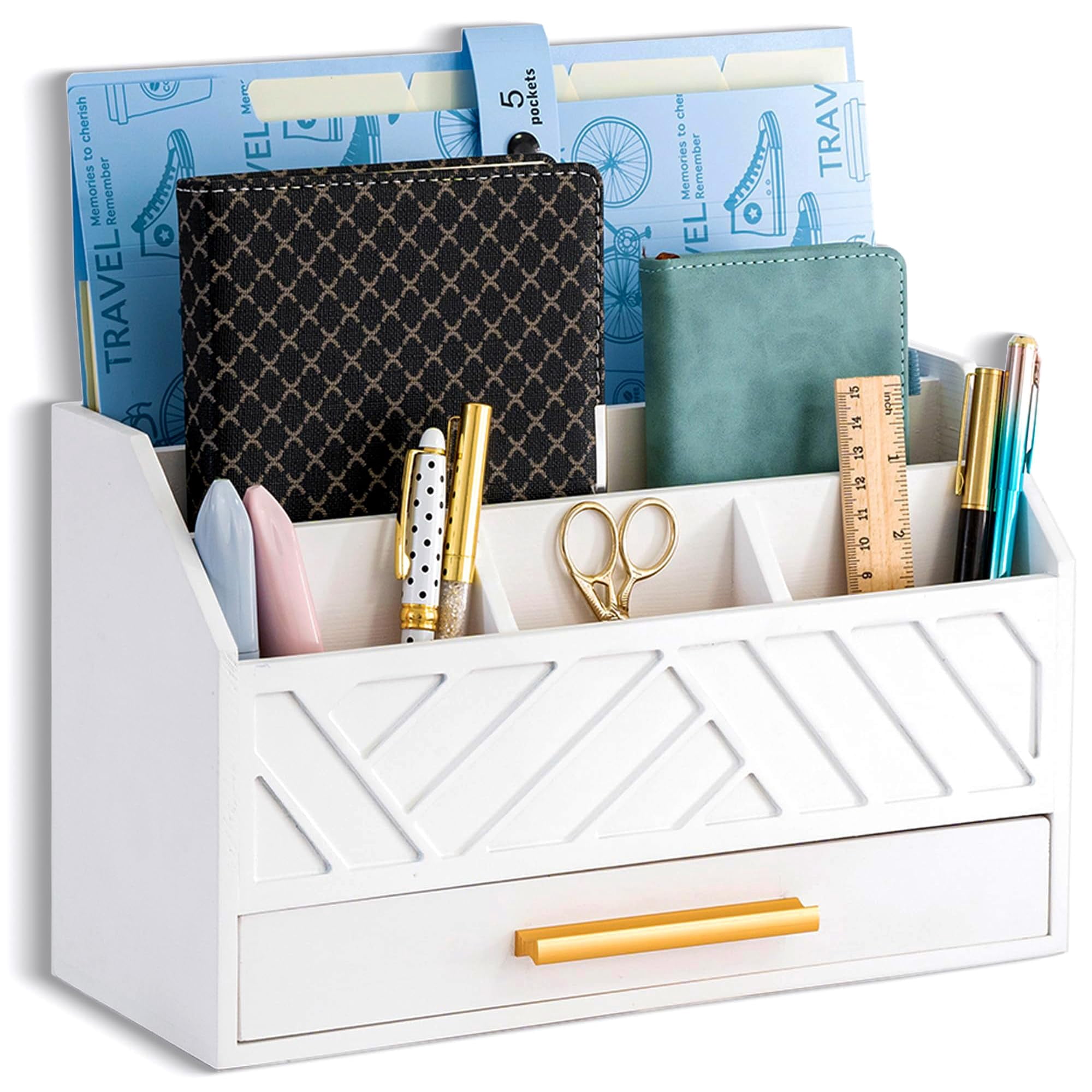 Brown Wood Desk Organizer and Accessories with Drawer, Bill Mail Organizer and File Mail Holder for Office Supplies, Modern Desk Accessories & Workspace Organizers for Desk Organization