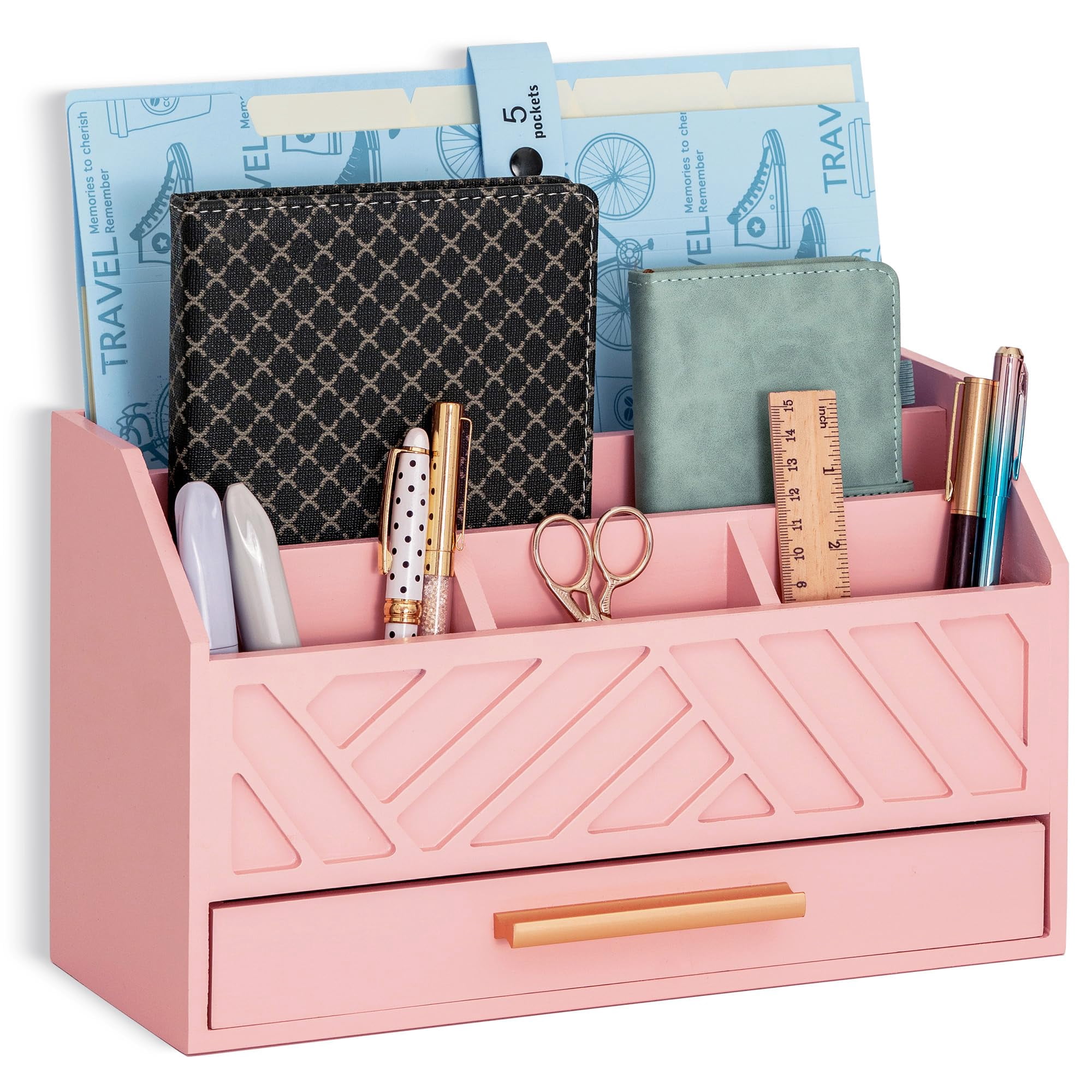 Brown Wood Desk Organizer and Accessories with Drawer, Bill Mail Organizer and File Mail Holder for Office Supplies, Modern Desk Accessories & Workspace Organizers for Desk Organization