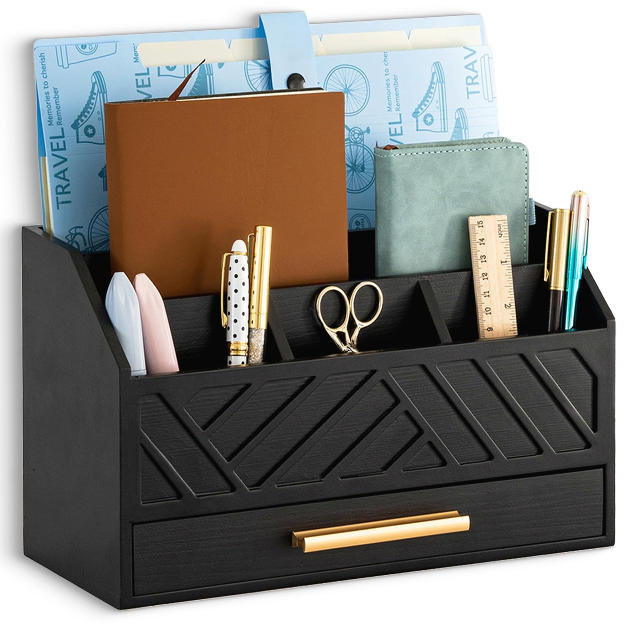 Brown Wood Desk Organizer and Accessories with Drawer, Bill Mail Organizer and File Mail Holder for Office Supplies, Modern Desk Accessories & Workspace Organizers for Desk Organization