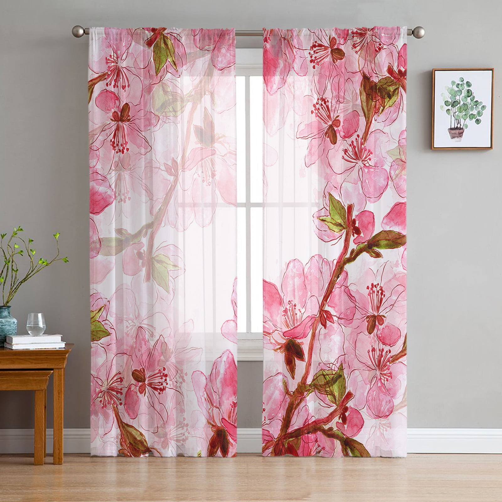 Brown Wood Door Pot Red Flowers Texture Tulle In Sheer Curtains For