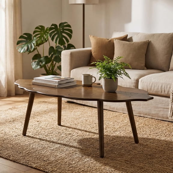 Brown Wood Farmhouse Coffee Table with Vivid Leaf Design, Center Table with Rustic Grain for Living Room or Bedroom