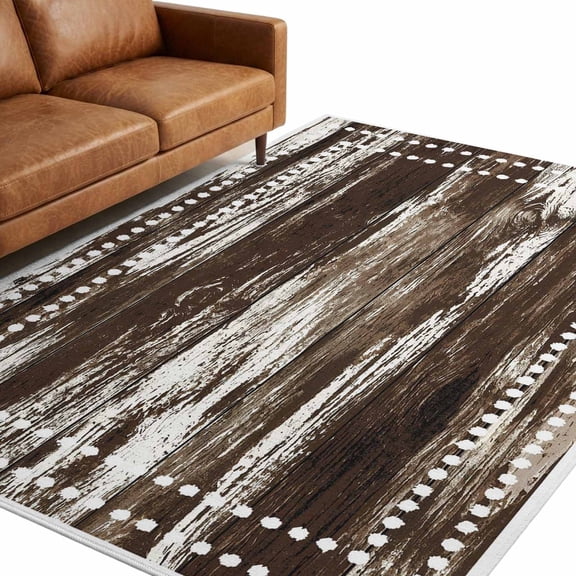 Brown Wood Grain 9'x12' Large Area Rugs Wooden Stripes Square Frames White Dotted Borders Washable Area Rugs Non-Slip Indoor Floor Mats for Villa Parlour, Hotel Lounge, Recreation Room