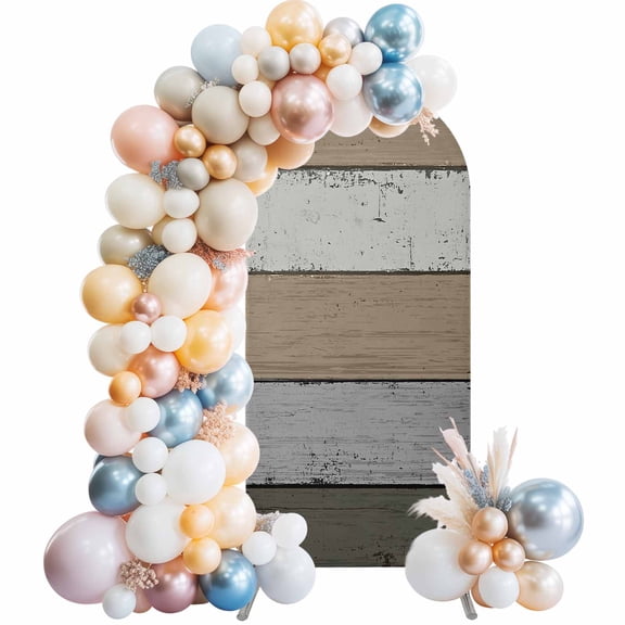 Brown Wood Grain Arch Backdrop Cover, Spandex Fitted Wedding Arch Cover, Vintage Grey Stripe Gradient Grain Round Top Stand Covers for Birthday Ceremony Bridal Shower Party Decor 4x1.65 Ft