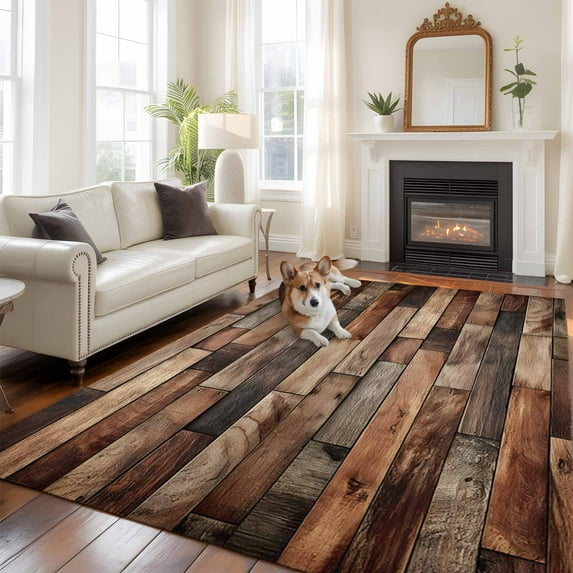 Brown Wood Grain Area Rugs 5x7 ft Farmhouse Vintage Wooden Board Patchwork Washable Rug Non Slip Indoor Carpet Absorbent Floor Mat for Living Room Bedroom Dining Room