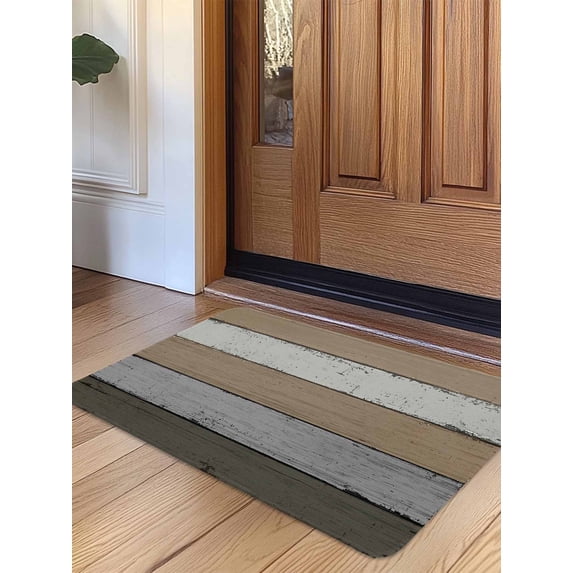 Brown Wood Grain Door Mat Indoor Outdoor Entrance, Non Slip Small Rug for Kitchen Bathroom Entryway Rug, Vintage Grey Stripe Gradient Grain Washable Doormat Floor Mat for Office 18x30 Inch
