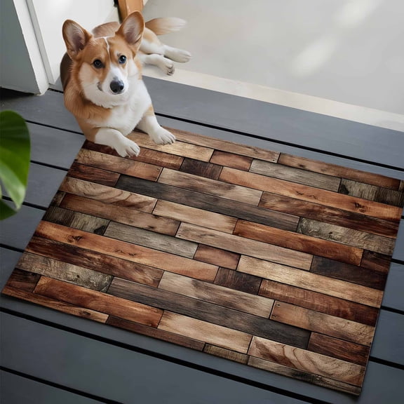 Brown Wood Grain Front Door Rugs 2x3 ft Farmhouse Vintage Wooden Board Patchwork Small Rug for Entryway Non Slip Washable Bathroom Door Mat Absorbent Floor Mat for Indoor Entrance