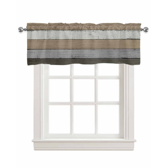 Brown Wood Grain Kitchen Valances for Windows Farmhouse Linen Window Valance Curtain for Living Room Window Treatment Vintage Grey Stripe Gradient Grain Valance Rod Pocket Topper Drape, 42 x 12 Inch