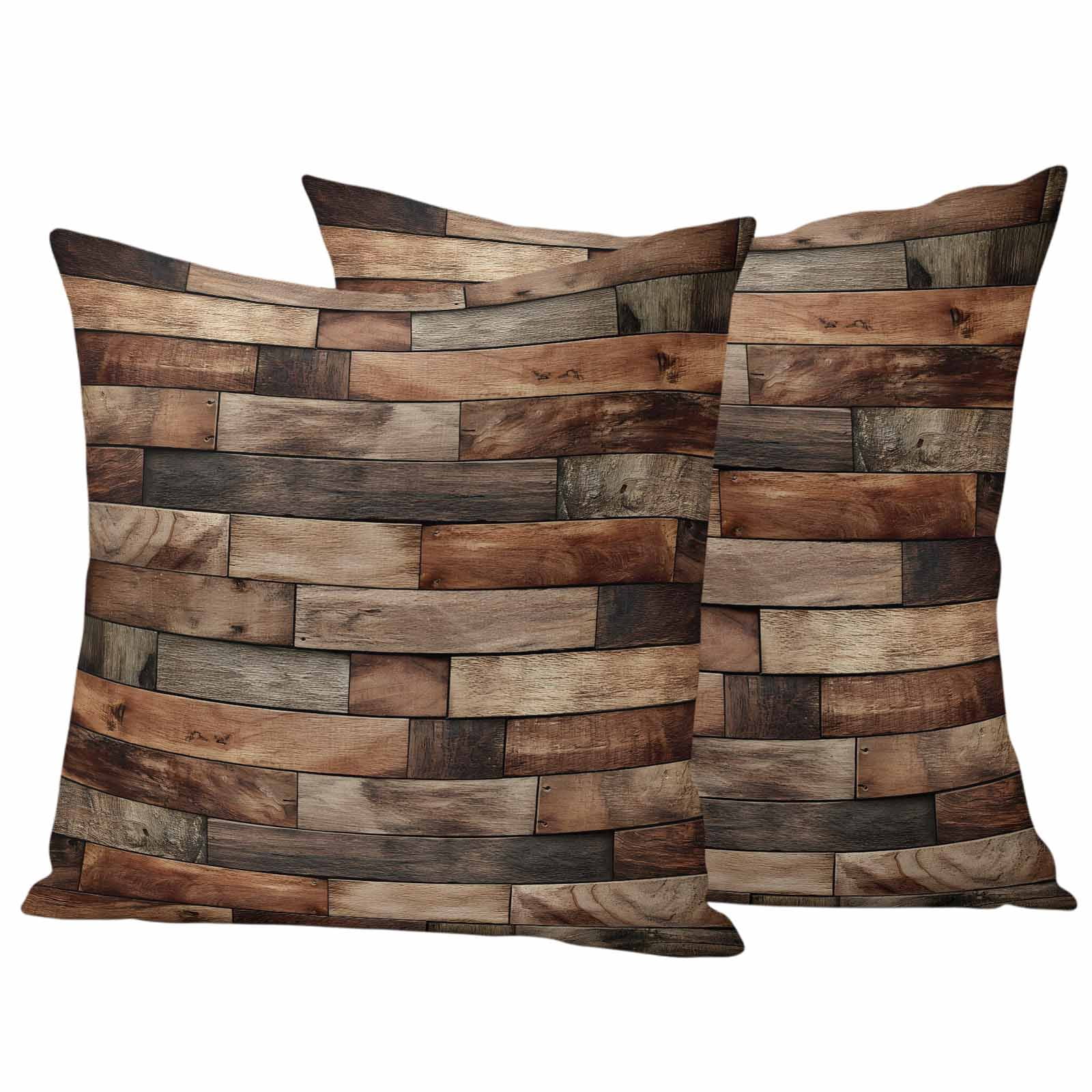 Brown Wood Grain Pillow Covers 2 Pack Farmhouse Vintage Wooden Board Patchwork Pillowcase Waterproof Outdoor Throw Pillow Cover for Patio Garden Square Cushion 18”x18”