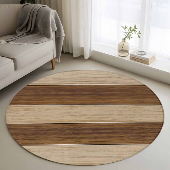 Brown Wood Grain Round Area Rug 3.3 FT, Non Slip Small Entryway Kitchen Mat, Ombre Rustic Retro Wooden Plank Washable Soft Circular Rug Non-Shedding Door Mat for Bathroom Playroom Kids Room