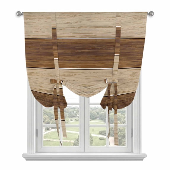 Brown Wood Grain Tie Up Curtains for Windows, Adjustable Balloon Window Shades, Ombre Rustic Retro Wooden Plank Kitchen Window Treatments Farmhouse Short Curtains with Rod Pocket 42"x45"