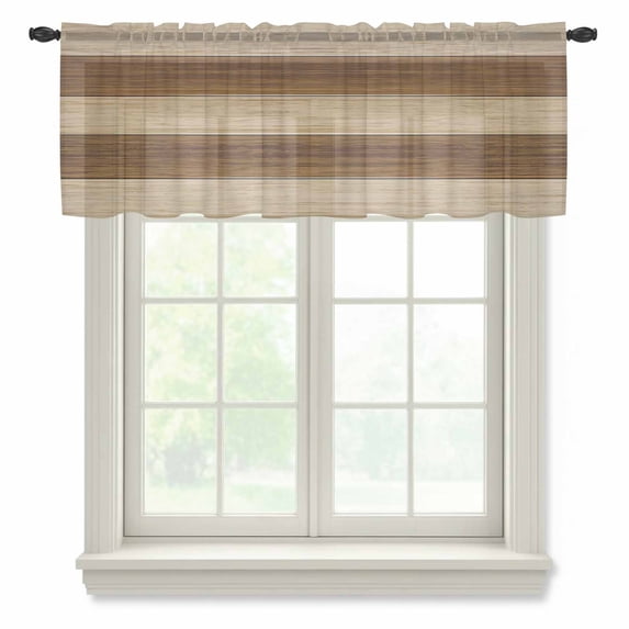 Brown Wood Grain Valance Curtains for Kitchen/Living Room/Bathroom/Bedroom Window, Rod Pocket Small Topper Half Short Window Curtains Voile Sheer Scarf, Ombre Rustic Retro Wooden Plank 42"x18"
