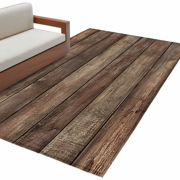 Brown Wood Grain Washable Area Rug 4 x 6 ft Realistic Wooden Board Texture Farmhouses, Soft Non Slip Rugs Stain Repellent Indoor Felt Carpet for Living Dining Room Bedroom Home Office