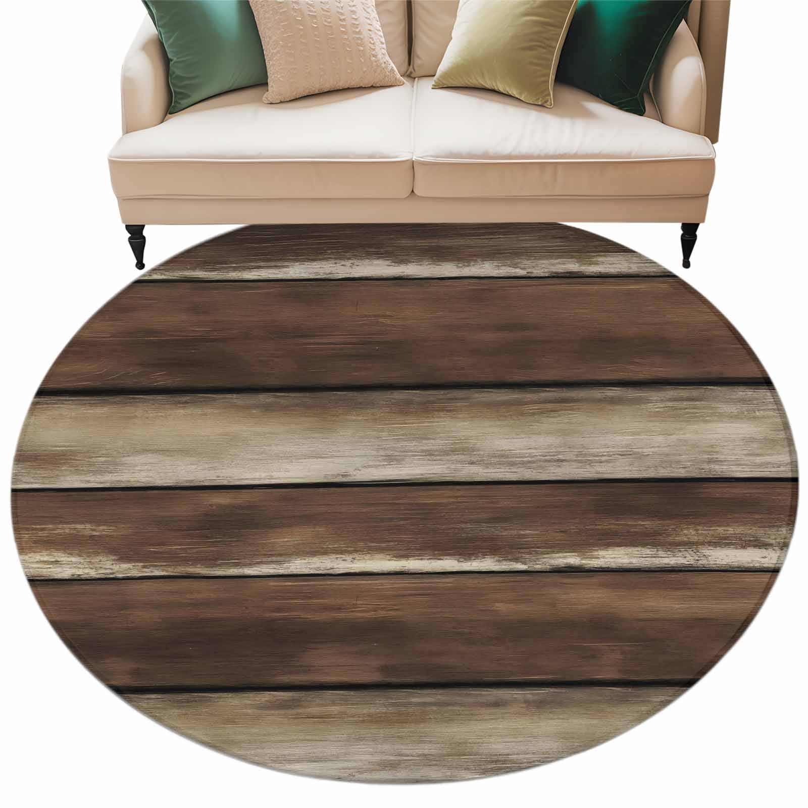 Brown Wood Grain Washable Round Area Rug 5 ft, Vintage Board Farm ...