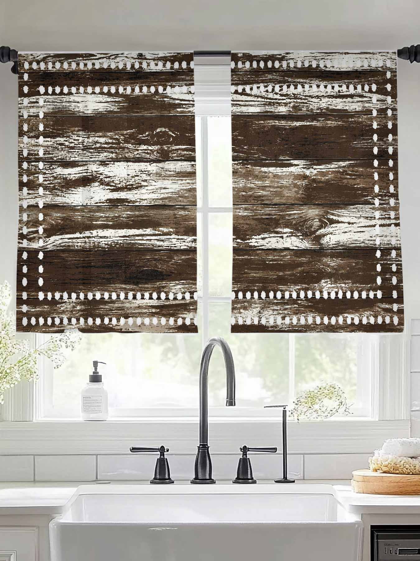 Winiw Frame Brown Wood Grain Window Sheer Curtain Wooden Stripes Square Frames ...