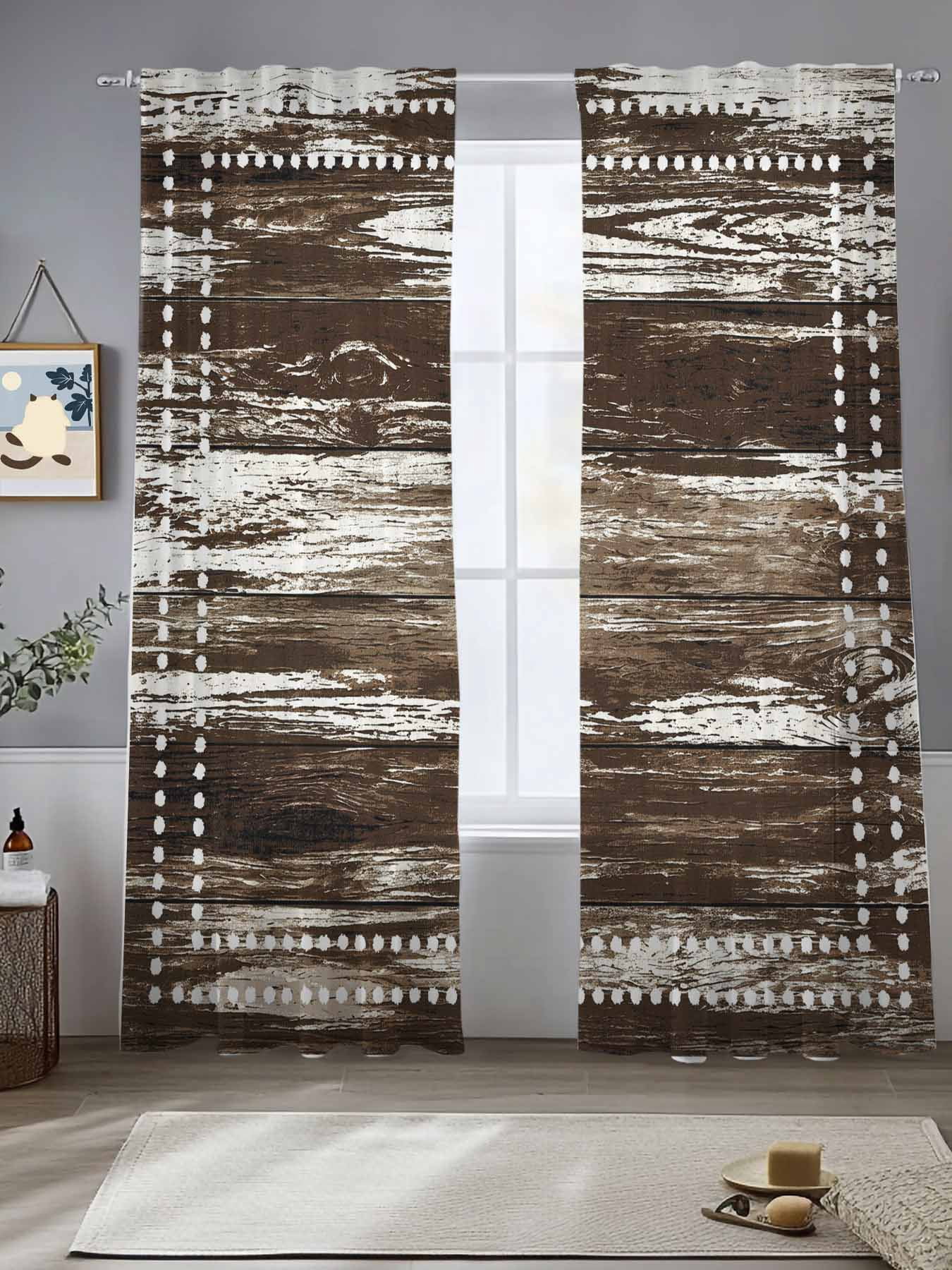 Brown Wood Grain Window Sheer Curtain Wooden Stripes Square Frames ...