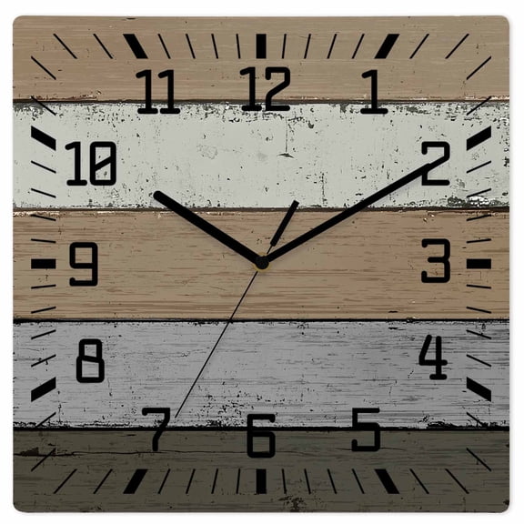 Brown Wood Grain Wooden Wall Clock Silent Non Ticking, Vintage Grey Stripe Gradient Grain Square Wall Clocks Battery Operated, Decor Clock for Home Office, Living Room, Kitchen, 12 Inch