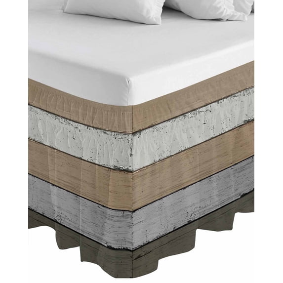 Brown Wood Grain Wrap Around Bed Skirts for California King Bed 16" Drop,Bed Skirt with Adjustable Elastic Belt Dust Ruffle Bed Valance for Bedroom Vintage Grey Stripe Gradient Grain Bed Frame Cover