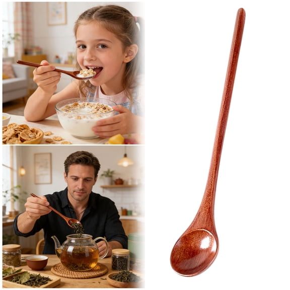 Brown Wood Handle Stainless Steel Spoon, Long Handle Soup Dessert Spoon for Yogurt Cereal Smoothie Kitchen Dining Utensils, Dishwasher Safe