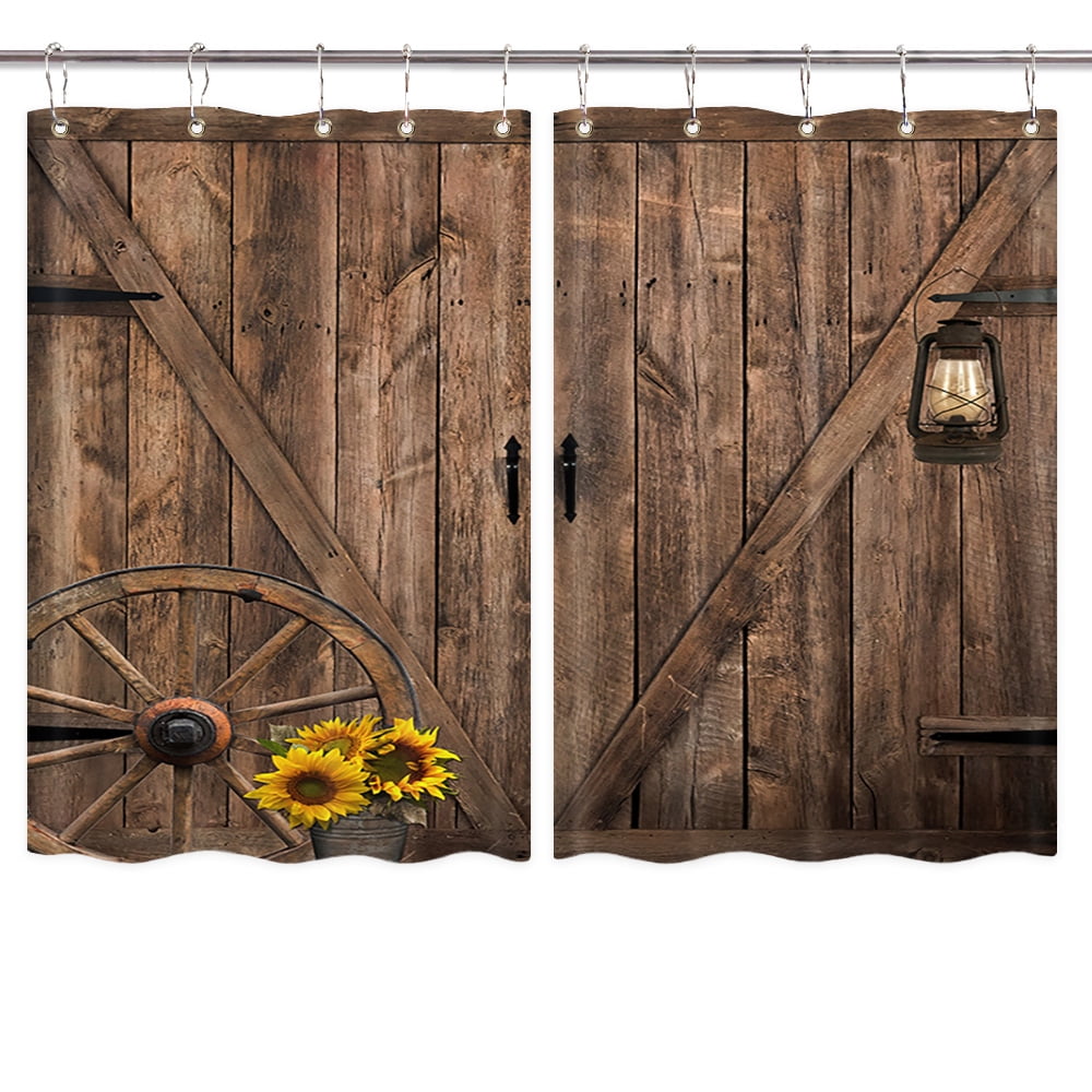 Brown Wood Kitchen Curtains,Farmhouse Barn Door Kitchen Curtains Sets