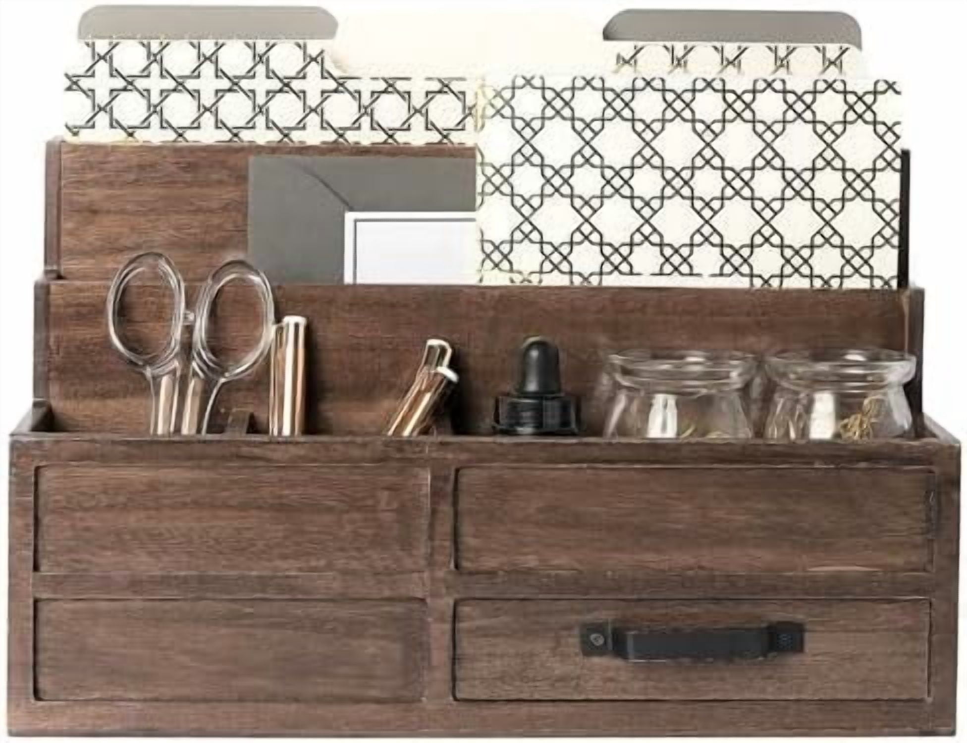 Brown Wood Mail Organizer with Drawer & Pen Holder – Desk Organizer for Bills, Storage, Countertop & Kitchen