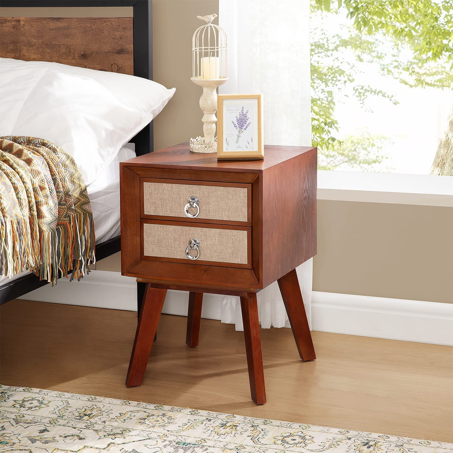 Brown Wood Nightstand w/Storage Drawers and Solid Wood Legs, Modern ...