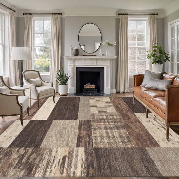Brown Wood Stripes 5x7 Rug for Living Room Sofa and Coffee Table Layout, Modern Geometric Patchwork Wood Plank Washable Non Slip Rectangle Area Rug