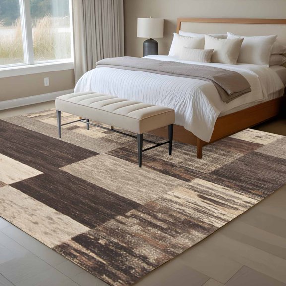 Brown Wood Stripes 6x9 Rug for Dining Room Table and Chair Setup, Modern Geometric Patchwork Wood Plank Low Pile Washable Non Slip Rectangle Area Rug