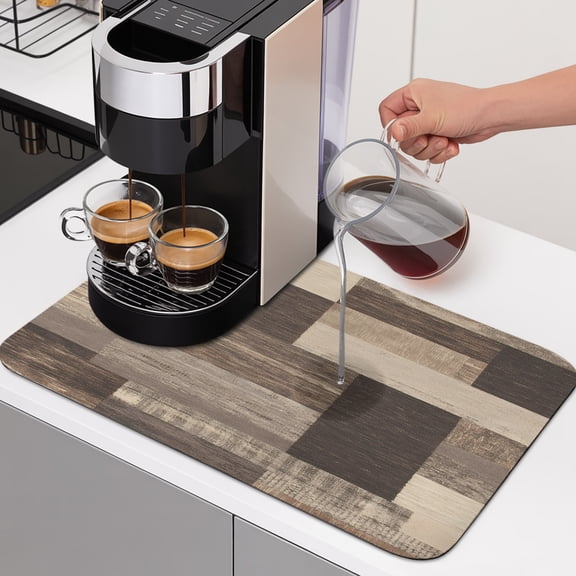 Brown Wood Stripes Dish Drying Mats for Kitchen Counter, Retro Geometric Brown Wood Plank Absorbent Coffee Bar Mat with Non-slip Rubber Backed Quick Drying Dish Rack Pad 12"x16"