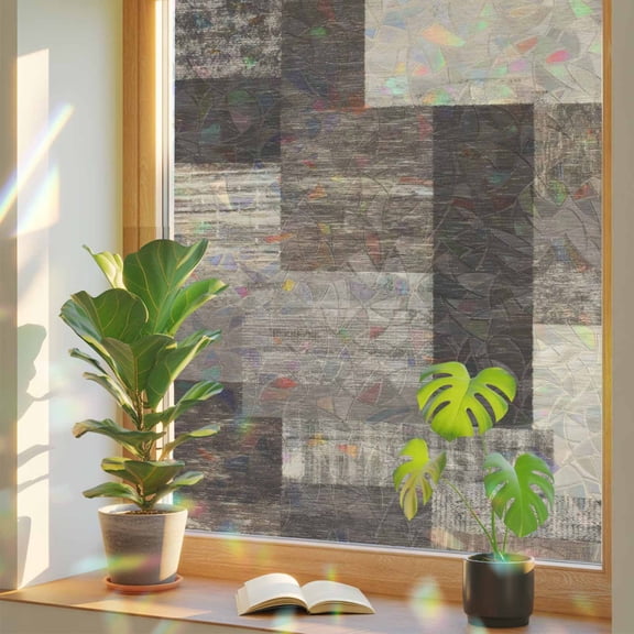 Brown Wood Stripes Window Privacy Film, Retro Geometric Brown Wood Plank Stained Glass Rainbow Film Decorative Window Clings, Static Cling Sun Blocking Stickers 19.6" x 39.3"