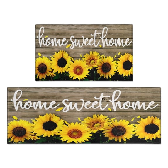 Brown Wood Sunflower Flowers Kitchen Rugs and Mats Sets Of 2,Kitchen Decoration Rugs,Rubber Backing Non-Slip Floor Mat for Sink Washable Waterproof Laundry Room Runner Rugs
