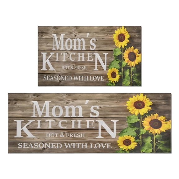 Brown Wood Sunflower Flowers Kitchen Rugs and Mats Sets Of 2,Kitchen Decoration Rugs,Rubber Backing Non-Slip Floor Mat for Sink Washable Waterproof Laundry Room Runner Rugs